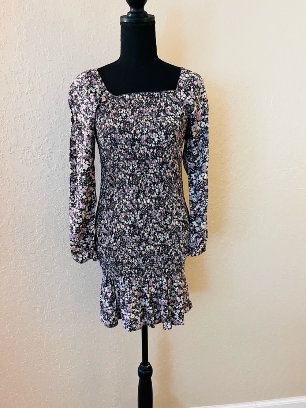 Apt. 9 Black Floral Smocked Long-Sleeve Girls Dress